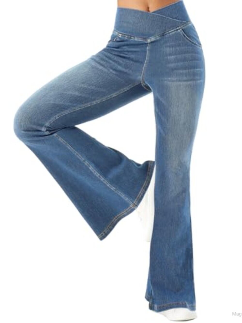 Women's High Rise Flare Bell Bottom Pull On Stretchy Denim Jeans With Pockets